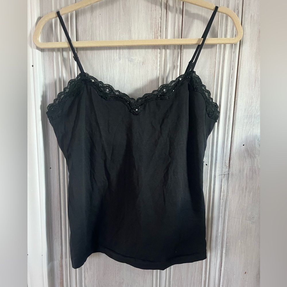 MARIANNE Retro Y2K black Lace Trim spaghetti strap Camisole top L WHIMSIGOTH